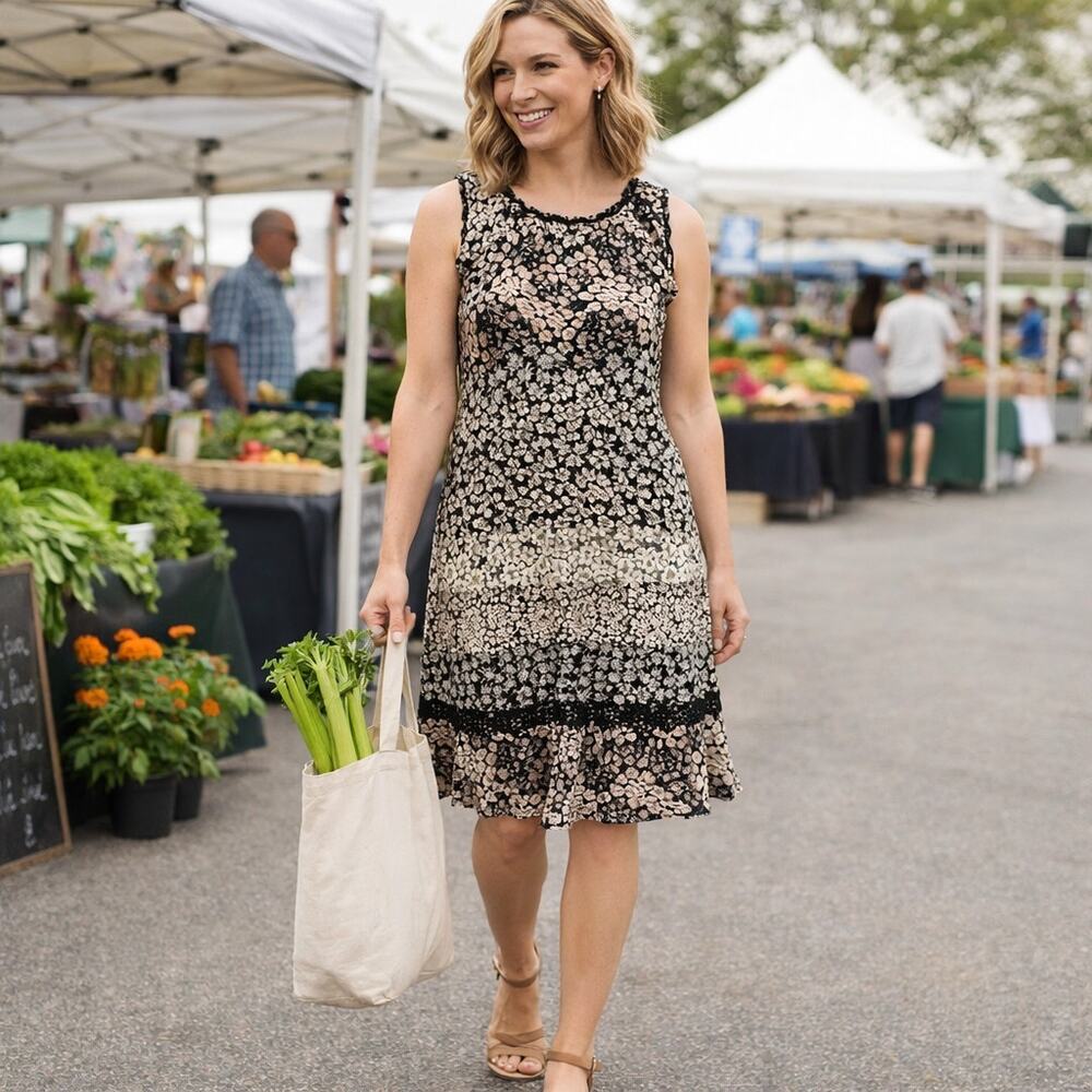 Isaac Mizrahi Live! Ditsy Floral Sleeveless Flounce Dress with Lace Trim Large